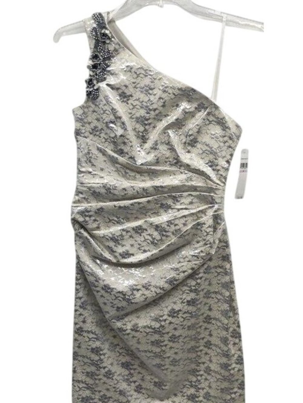 London Times One-Shoulder Cream & Silver Sequin Dress Size 6 Patterned Beaded Sh
